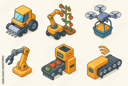 Futuristic agricultural robots and drones in farming technology concept
