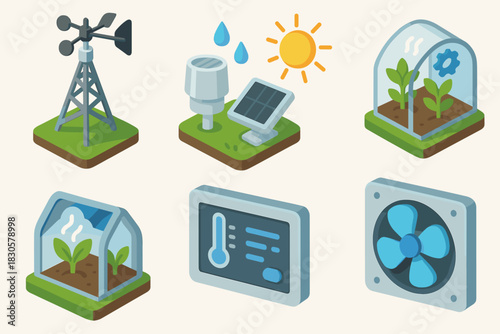 Smart greenhouse technology icons: weather station, solar panel, thermometer, ventilation, growth