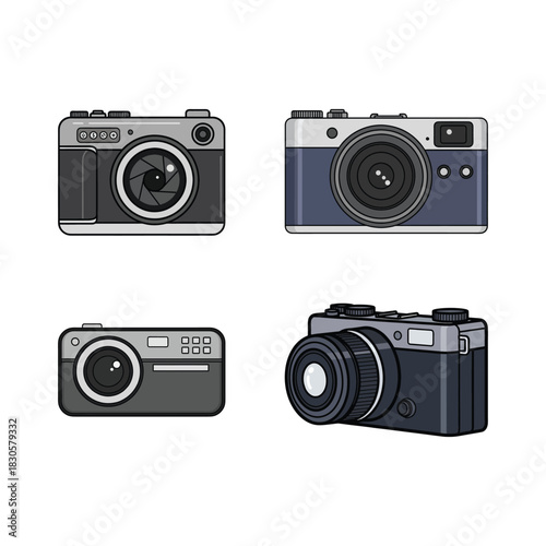 Set of digital cameras in flat vector illustration