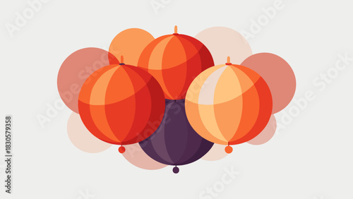 Colorful Chinese paper lanterns in flat style with geometric shapes on light background