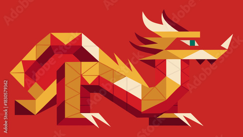 Geometric chinese dragon illustration in red and gold colors on festive background