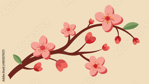 Cherry blossom branch with pink flowers and green leaves in flat style on beige background