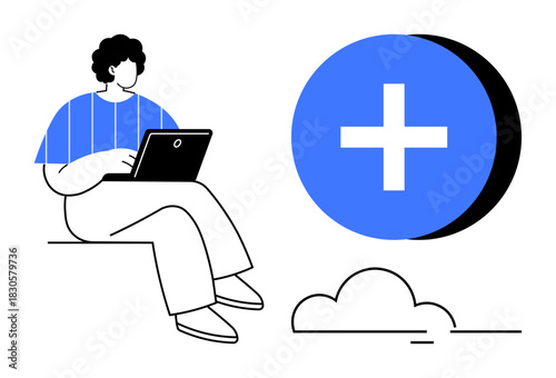 Technology concept. Technology illustrated with a person working on a laptop, a blue plus symbol, and a cloud. Technology driving innovation, digital services, and remote work. Great for web design