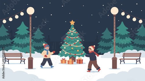 Christmas snowball fight in a winter park, featuring children playing in the snow, festive decorations, snowy trees, and joyful winter holiday scenes.