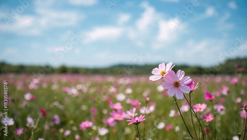 Fototapeta Naklejka Na Ścianę i Meble -  Blooming cosmos flowers in the field captured during peak season, ideal for floral background design