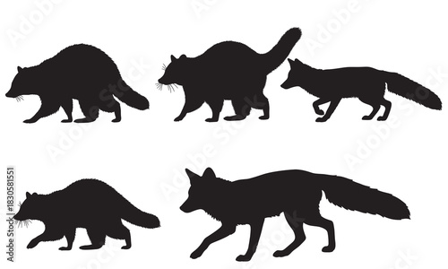 Collection of woodland animal silhouettes including foxes and raccoons