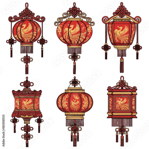 A set of six traditional Chinese red lanterns with golden accents, hanging from ornate decorations on a white background. Perfect for cultural festivals, Chinese New Year celebrations, and