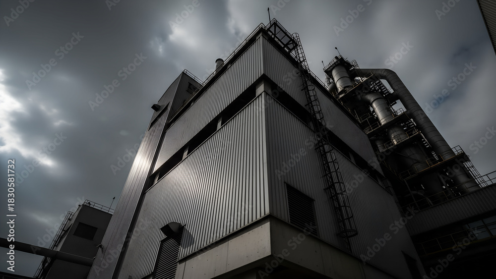 Fototapeta premium Industrial building under cloudy sky representing International Workers' Day 