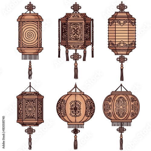 A set of six intricately designed copper-colored lanterns with various patterns, presented on a white background. Perfect for cultural events, decorative designs, and traditional festivals.