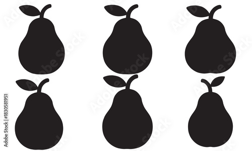 Six black pear silhouettes with stems and leaves on a white background