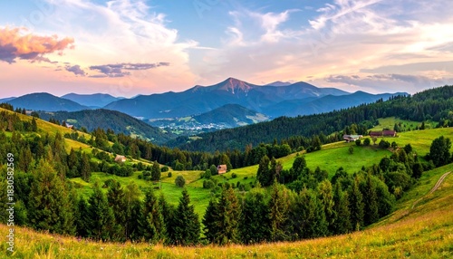 Mountain valley landscape at sunset.