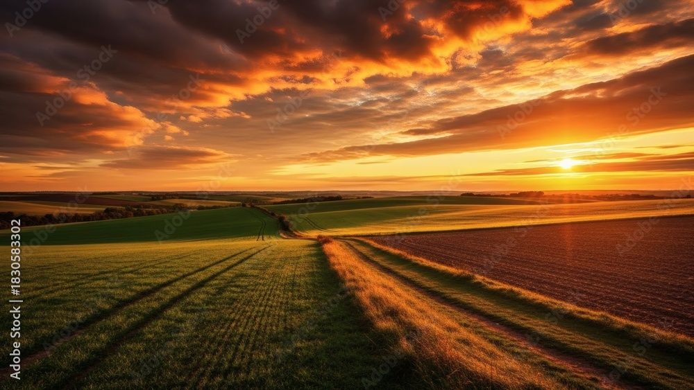 Naklejka premium Golden Fields A sunset path guides the eye in a vibrant landscape.