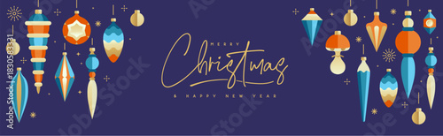 Holiday Christmas poster or banner with tree toys, baubles, knick knacks, pine cones and decorations. Christmas greeting card design. Vector illustration.