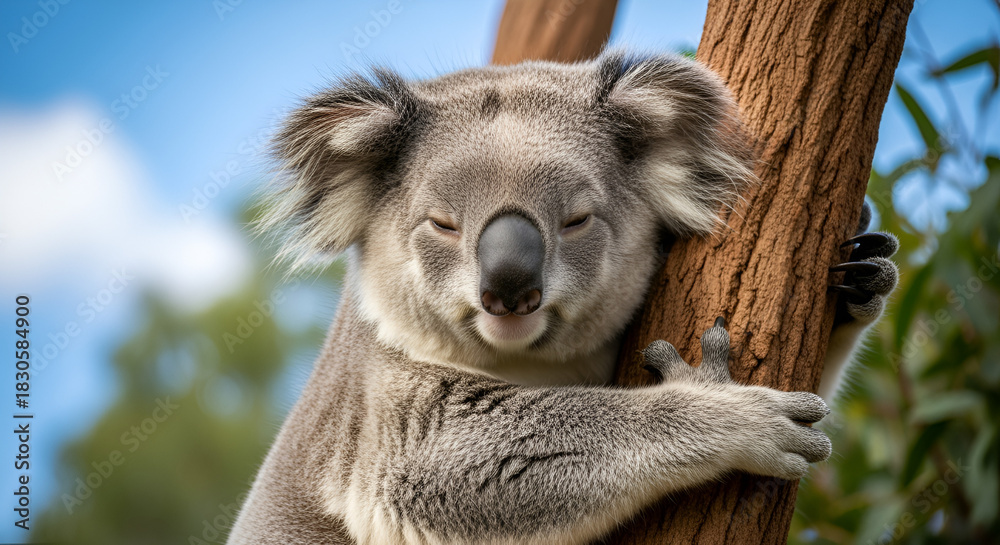 Fototapeta premium Happy Australia Day. Sleeping koala on tree against blue sky. Vertical banner. Free space for text. Template for poster, greeting card