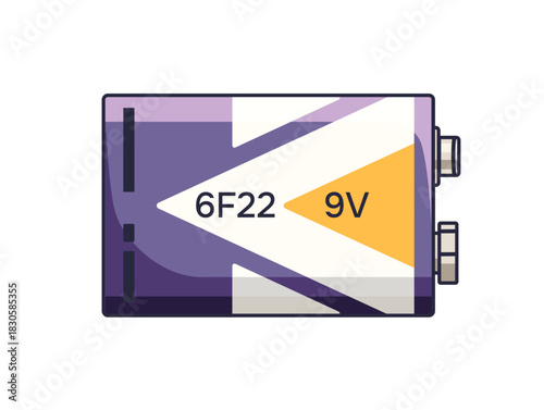 9V battery icon. Lithium accumulator for charging electronics with power. Reusable nickel cell for recharging devices with electrical energy. Flat isolated vector illustration on white background