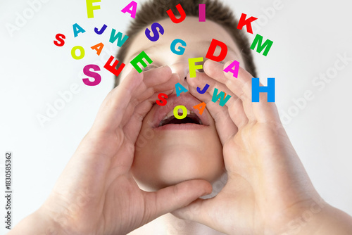 Child's mouth, colorful letters digitally emerging, dyslexia, Dyslalia, speech therapy, phonetics language development, challenging articulation, pronunciation practice session, Fluency Disorders