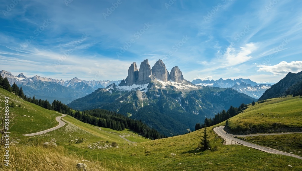 Obraz premium Sassolungo Group in the Dolomites Mountains viewed from a mountain pass, emphasizing the rugged terrain and natural landscape features