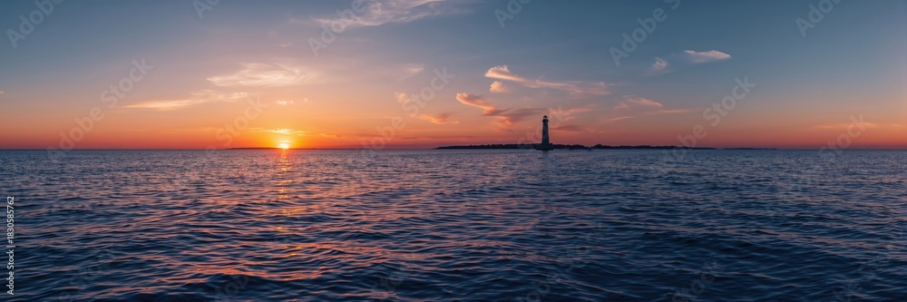 Obraz premium Oceanic sunset illuminating an Atlantic lighthouse, serving as a navigational aid at dusk, Earth Day