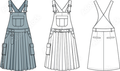 Detailed pleated overall dress fashion illustration featuring front, side, and back technical views with cargo pockets, straps, belt, and clean vector garment design.
