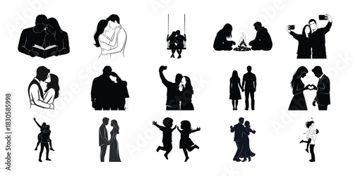 Silhouette collection of people in various poses and activities on white