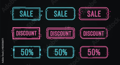 Set of neon sale and discount buttons glowing vector elements for online shopping promotions isolated on black background