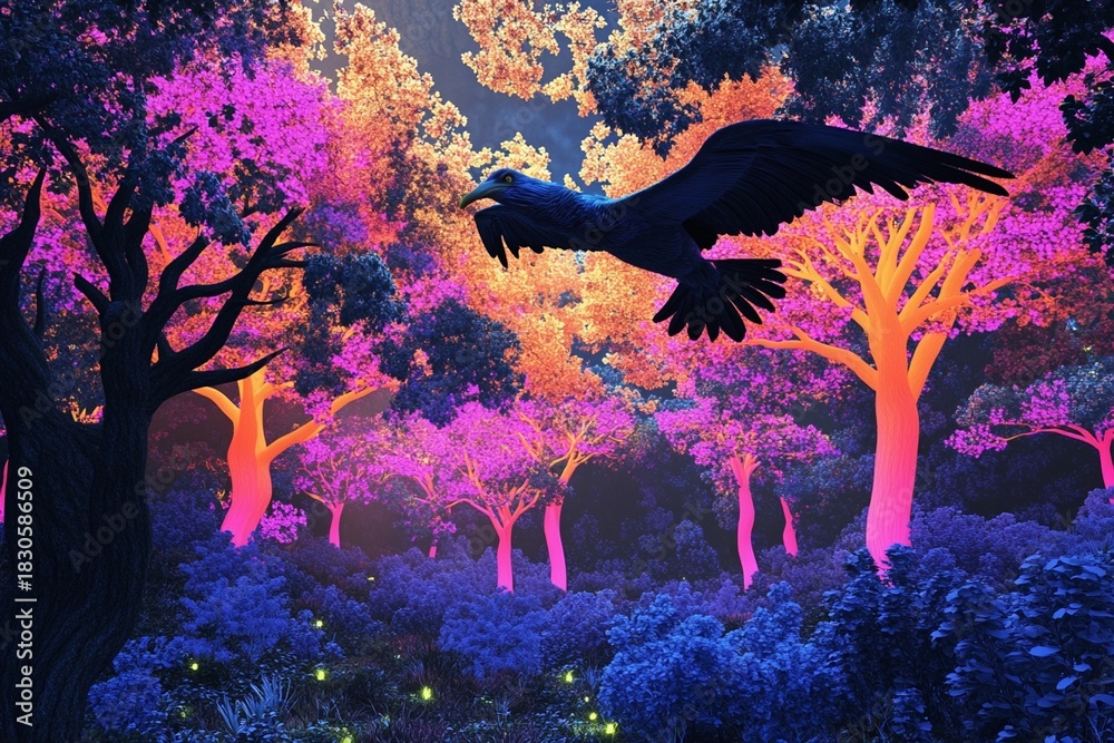 Naklejka premium Giant bird soars above vibrant forest filled with colorful trees and magical atmosphere in daytime