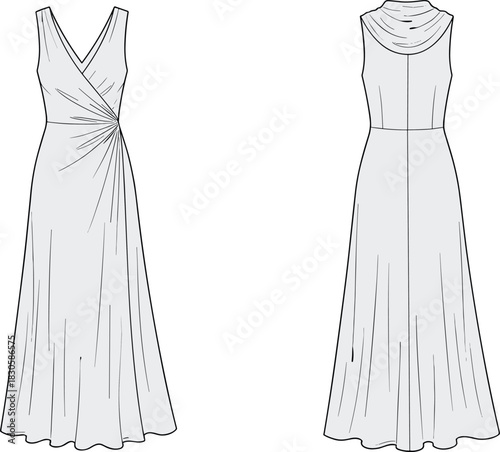Elegant long evening dress fashion illustration featuring draped V-neck front, gathered side detailing, cowl back design, flowing skirt, and refined silhouette.