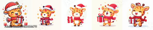 cute gireffe character vector in Christmas clothes carrying gifts