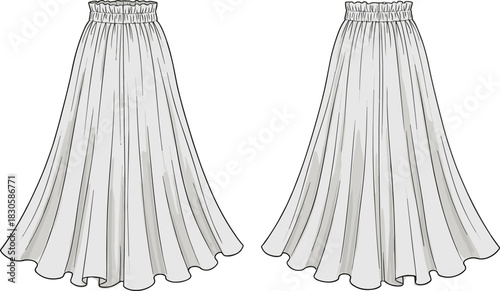 Elegant long flared skirt fashion illustration featuring gathered elastic waistband, flowing silhouette, soft pleats, front and back technical vector drawing.