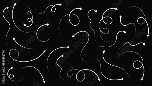 White doodle arrows vector set illustration on black background – Swirl, Wave, Spiral Direction Icons