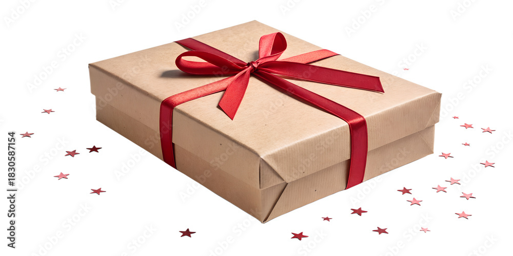 Obraz premium Kraft paper gift box tied with red ribbon bow, isolated on transparent background, clean edges, soft realistic shadow, natural texture, high-resolution PNG, minimal festive aesthetic.