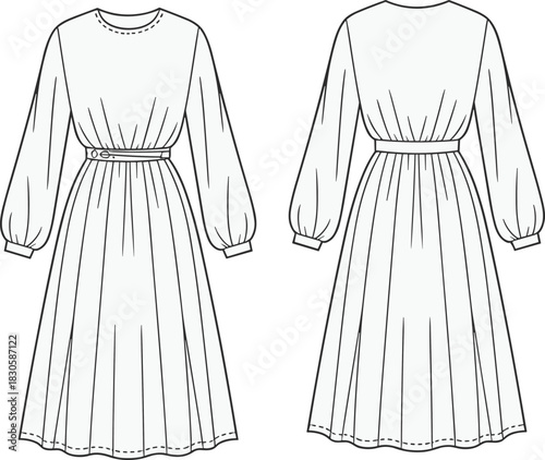 Elegant long-sleeve belted midi dress fashion illustration showing front and back technical flat design with gathered waist, cuffs, flowing skirt, and garment details.