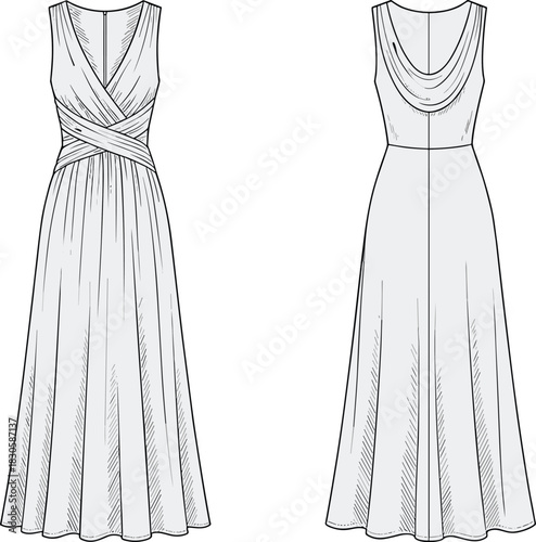 Elegant long sleeveless evening dress fashion illustration with crossover front draping, cowl back design, flowing skirt details and refined vector garment sketch.