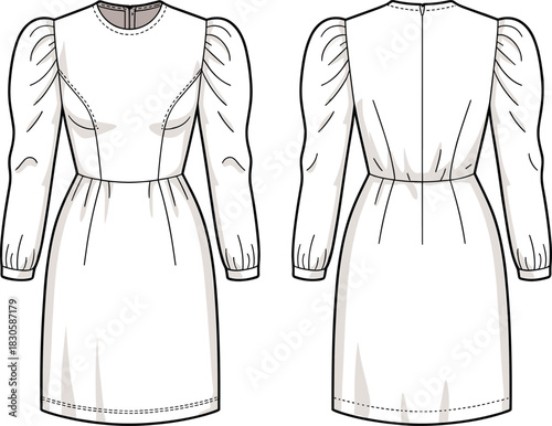 Elegant long-sleeve puff-shoulder dress fashion flat sketch showing front and back technical design details for apparel construction, pattern making, and illustration.