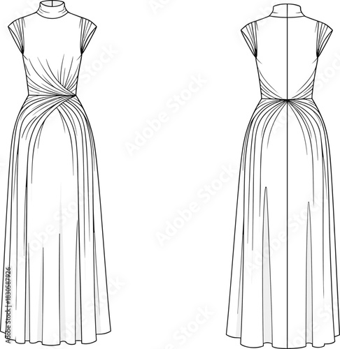 Elegant sleeveless maxi dress fashion flat sketch featuring twisted waist draping, high neckline design, front and back technical vector illustration details.