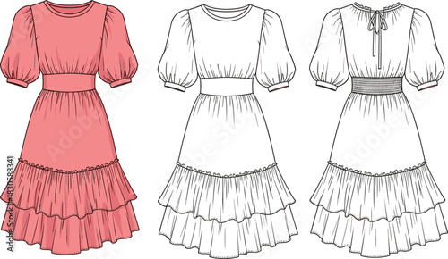 Elegant tiered ruffle dress technical illustration showcasing front and back views with puff sleeves, fitted waist, gathered skirt, and detailed vector design.