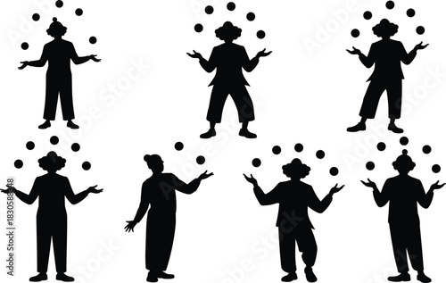 Silhouette jugglers performing skillful juggling tricks with multiple balls, showcasing circus talent, balance, coordination and entertainment on clean white background