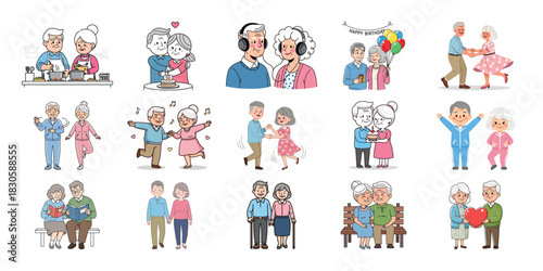 Diverse couples and families in a variety of poses and outfits illustration