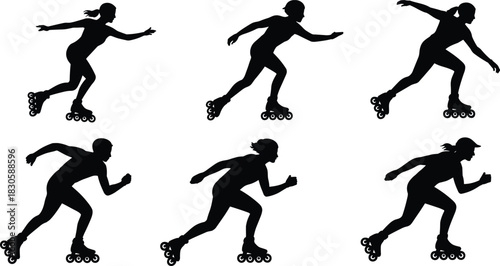 Dynamic silhouette collection of roller skaters in action poses, showcasing speed, balance, movement and athletic performance for sports design and creative illustration projects