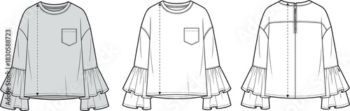 Fashion technical flat sketch of women’s ruffle-sleeve top featuring front pocket, layered cuffs, relaxed silhouette, back opening and detailed construction lines.