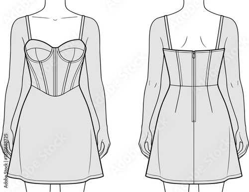 Fashion technical flat sketch of women’s corset mini dress featuring structured bodice, sheer long sleeves, fitted silhouette, back zipper and seam details.