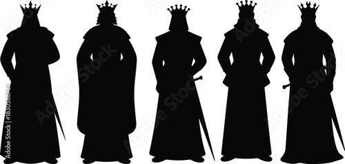 Silhouette collection of medieval kings wearing crowns and royal robes holding swords, powerful regal figures for fantasy illustration, design, decoration and storytelling projects