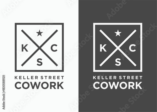 Vector graphic concept Modern minimalist square logo with X-mark, letters, and star for coworking space brand identity. Ideal for professional business branding