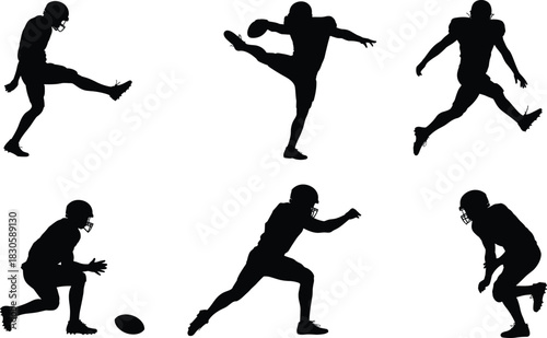 American football player silhouette collection showing action poses, dynamic sports movements, running, kicking, catching and training motions for athletic design projects