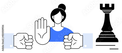 Woman raising hand to halt two fists amid disagreement, emphasizing conflict resolution, boundaries, and empowerment. Ideal for themes thumbs up negotiation, leadership, strategy, equality, teamwork