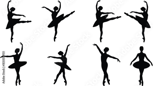 Elegant ballerina silhouette dance poses showing graceful movement, classical ballet positions, artistic performance shapes for creative design, illustration, and choreography projects
