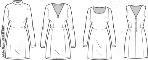 Set of women’s dress fashion flat sketches featuring various necklines, sleeve styles, zipper details, and technical garment design vector illustrations.