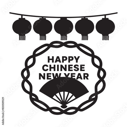 Happy Chinese New Year Banner Hanging Lanterns, Ornamental Frame, and Hand Fan.