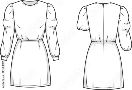 Stylish puff-sleeve mini dress fashion flat sketch showing front and back technical details for apparel design, pattern making, and garment illustration.