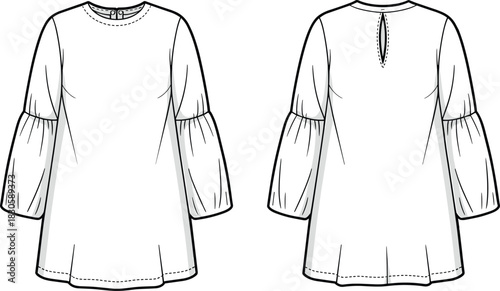 Stylish women’s blouse fashion flat sketch featuring tiered puff sleeves, round neckline, back keyhole opening, flared silhouette, and detailed garment construction lines.